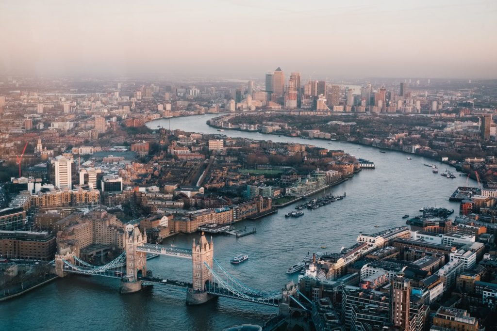 Aerial view of the river Thames above Tower Bridge looking east