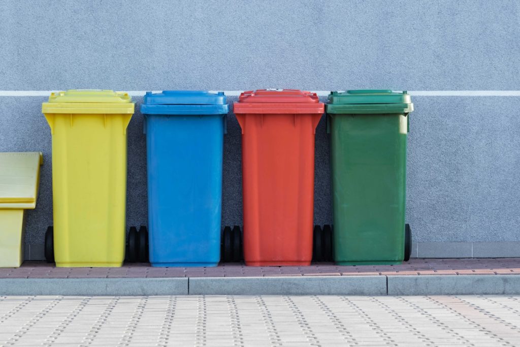 4 coloured recycling wheelie bins