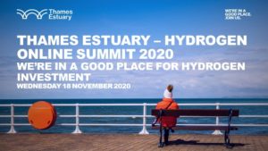 Thames Estuary Hydrogen Online Summit 18 November 2020 web banner with woman in wooly hat looking out across blue sea