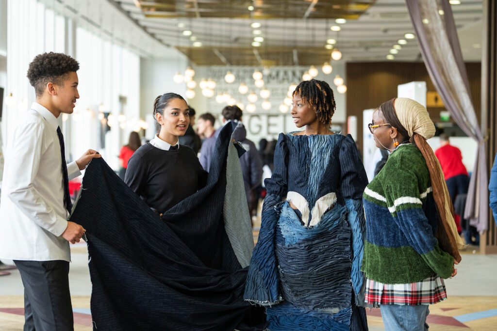 Students from the London School of Fashion displayed a 100% recycled dress made of denim