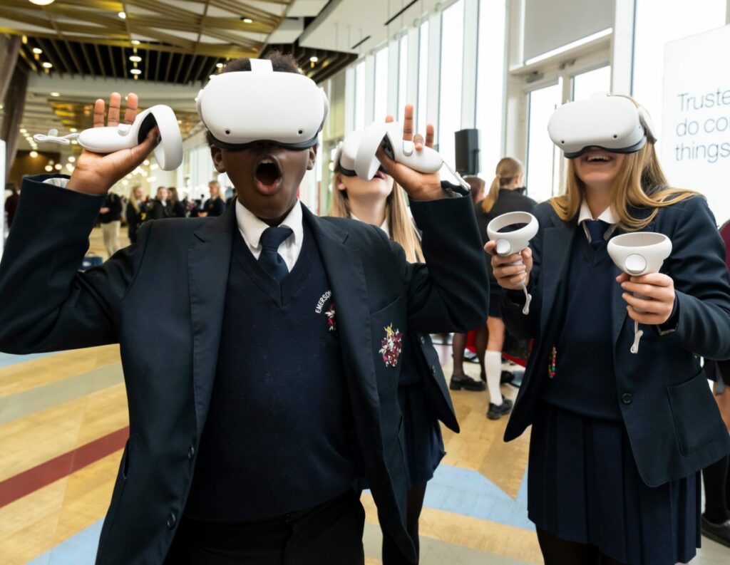 Havering students from Emmerson Park enjoying virtual reality experience at CGI stand, East London Climate KickStart Event 2022