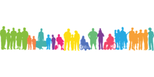 Decorative graphic of people of different shapes, sizes in bright colours.