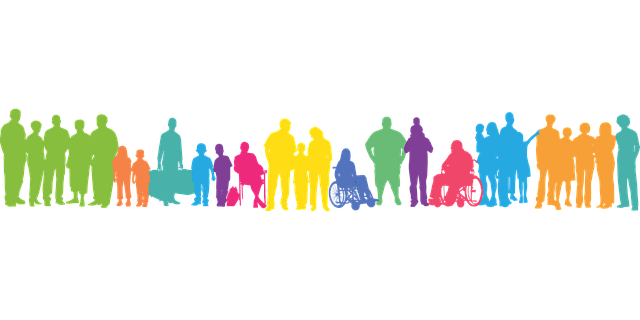 Decorative graphic of people of different shapes, sizes in bright colours.