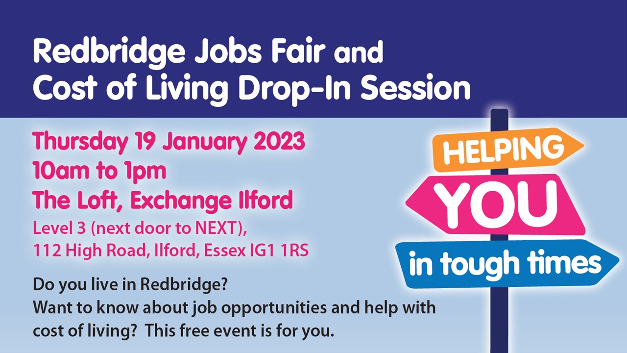 Redbridge cost of living and jobs fair flier for the event on 19 January 2023