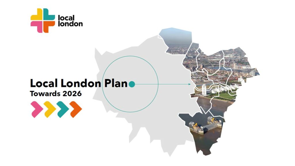 Local London Plan Towards 2026 cover, showing outline of London and our member boroughs on the east of the capital north and south of the river.