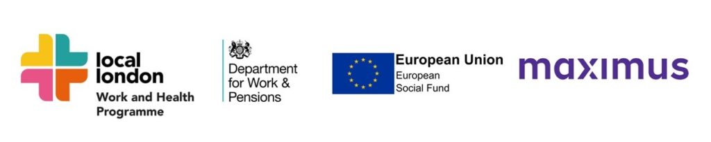 Logos for the Local London Work and Health Programme, Department for Work and Pensions, European Social Fund and Maximus.