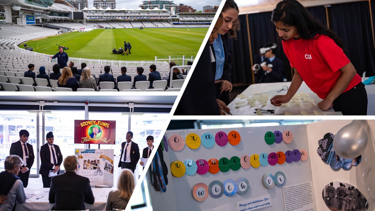 Collage of images including picture of Lord's cricket ground, students presenting to judges' panel, stand showing students' presentation and students looking at CGI stand. 