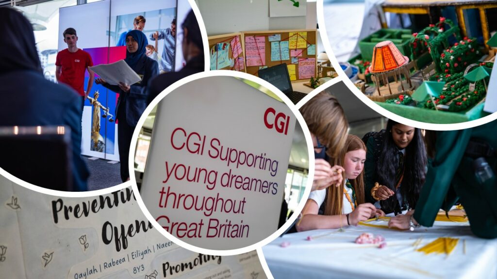 Collage of CGI stands saying "CGI supporting young dreamers throughout Great Britain" and students' presentations 