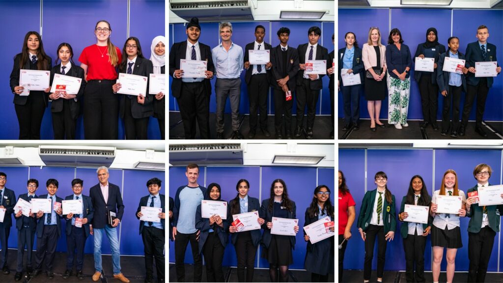 Picturs of all the winning teams on stage holding their award certificates.