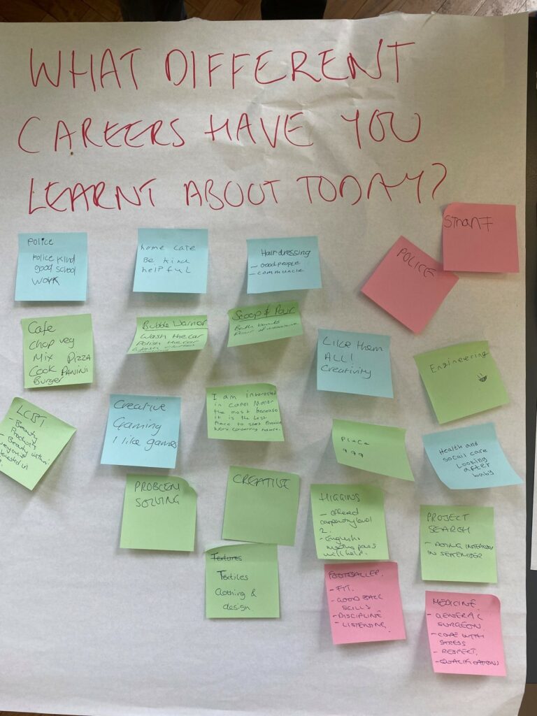 Board with post-it notes answering 'What careers have you learnt about today'