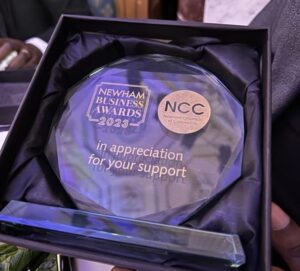 Cut glass award for E-business of the year won by OC Homes at the Newham Business Awards 2023.