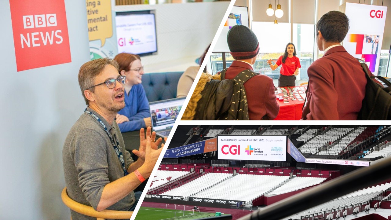 Photos of students infront of a CGI stand, the presenters from the BBC news and the West Ham stand with the event displayed on the scoreboard. 