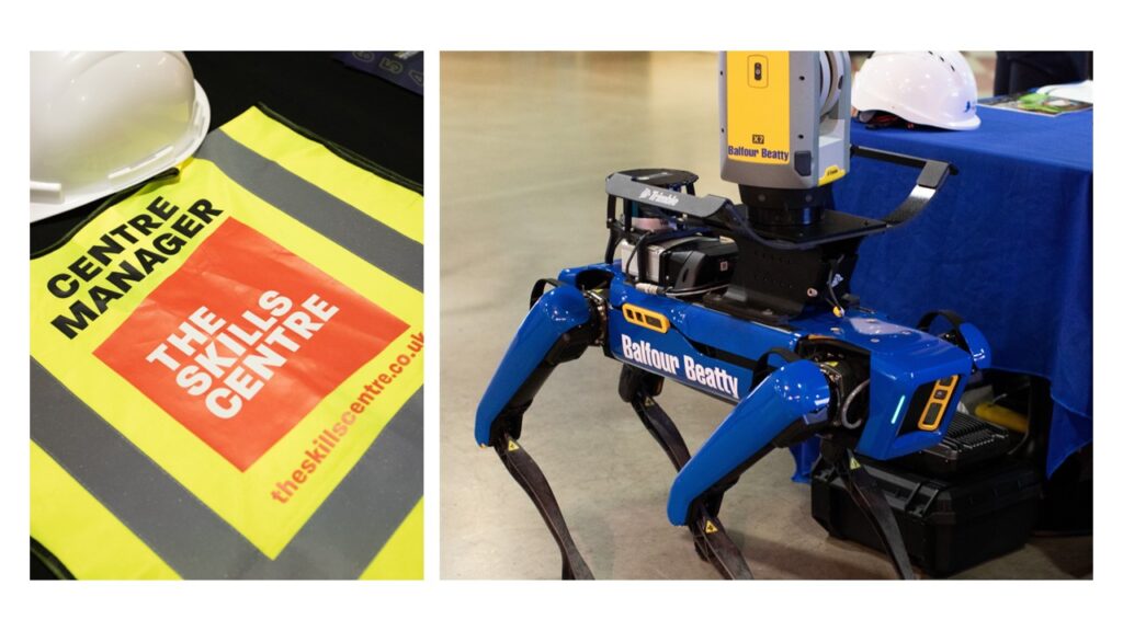 Photos of a high-viz gilet and white hard hat brought by The Skills Centre and the blue metal robotic dog brought by Balfour Beatty.