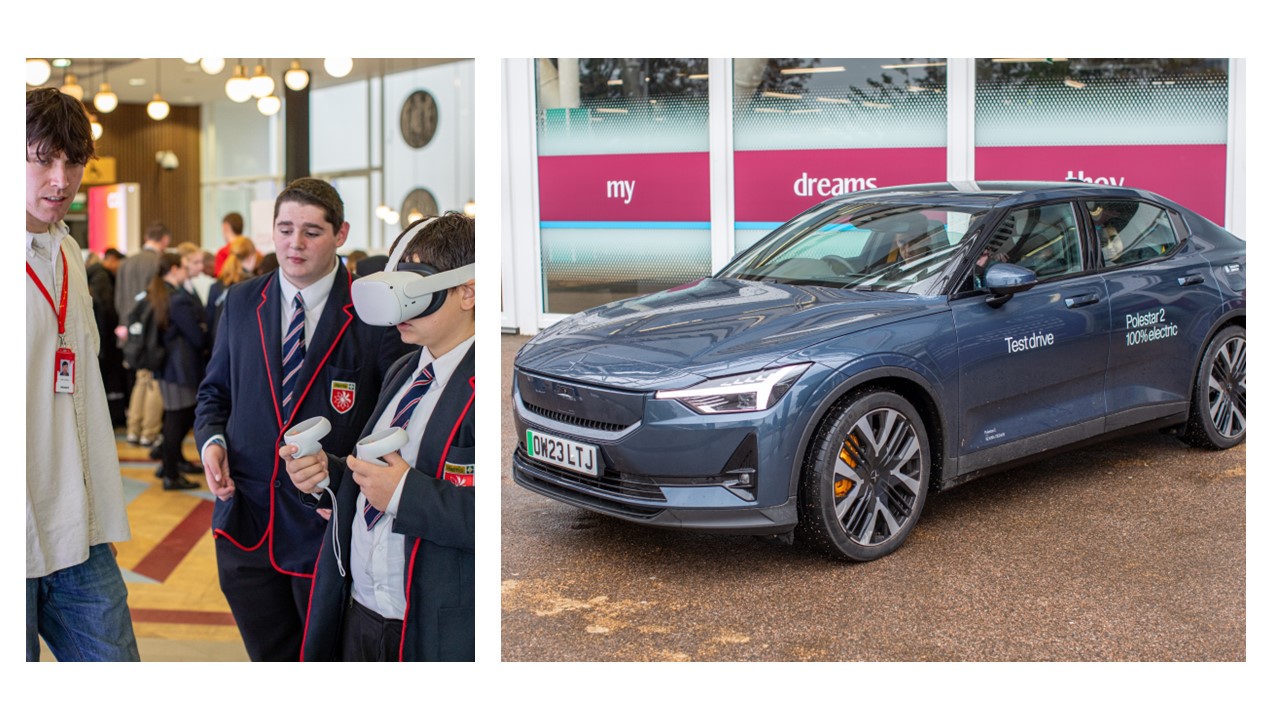 Year 9 students trying out the virtual reality headsets brought by CGI and photo of the electric Tesla car outside the venue.