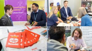 Photos from Enfield Recruitment Day 2023 showing the Warburton's leaflets on their stand, person from Rooff talking to a resident, the team from Wates talking to a visitor and person at Construction talking to a young person. 