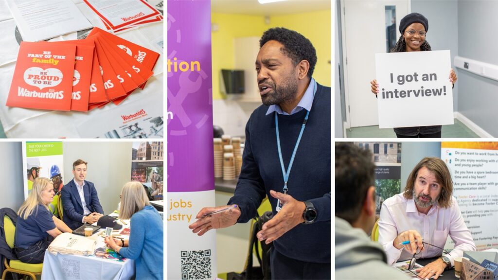 Photos from the Enfield Recruitment Day showing a resident smiling holding a banner saying 'I got an interview' as well as leaflets on the Warburton's stand, and employers from Wates construction, Rooff and local construction academy speaking to Enfield residents.