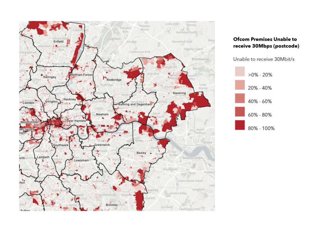 Map showing slow and no connectivity in Local London broughs