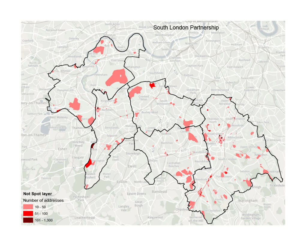 Map showing slow and no connectivity in South London Partnership boroughs