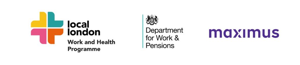 Local London Work and Health Programme logo with partner and funder's logo: Maximus logo and Department of Work and Pensions logo.