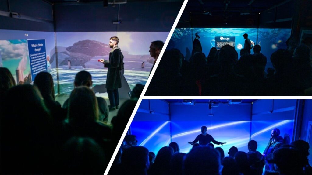 three images showing different projections around the interior of the BT immersive experience van