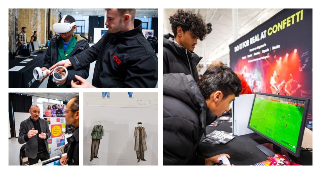 Images of student trying out VR headset with CGI, students playing with Fifa at Confetti and Nottingham Trent University stand, staff at ADA stand, and sketch of costume designs.