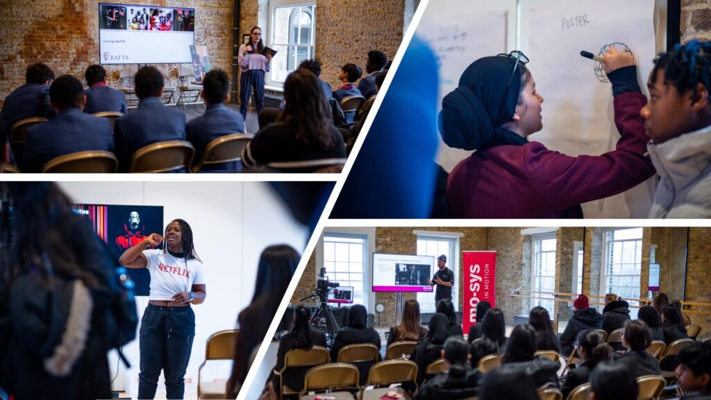 Snapshots of presenters from Netflix, BAFTA and Mo-Sys talking to room full of students and picture of student writing poster ideas onto large blank sheet of paper.