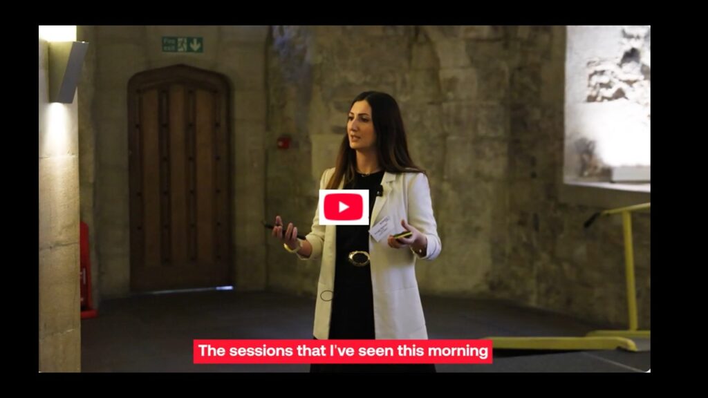 Still from film taken at the BusinessLDN Skills Summit 2025 showing Forogh Rahmani, Director of Local London speaking on stage.