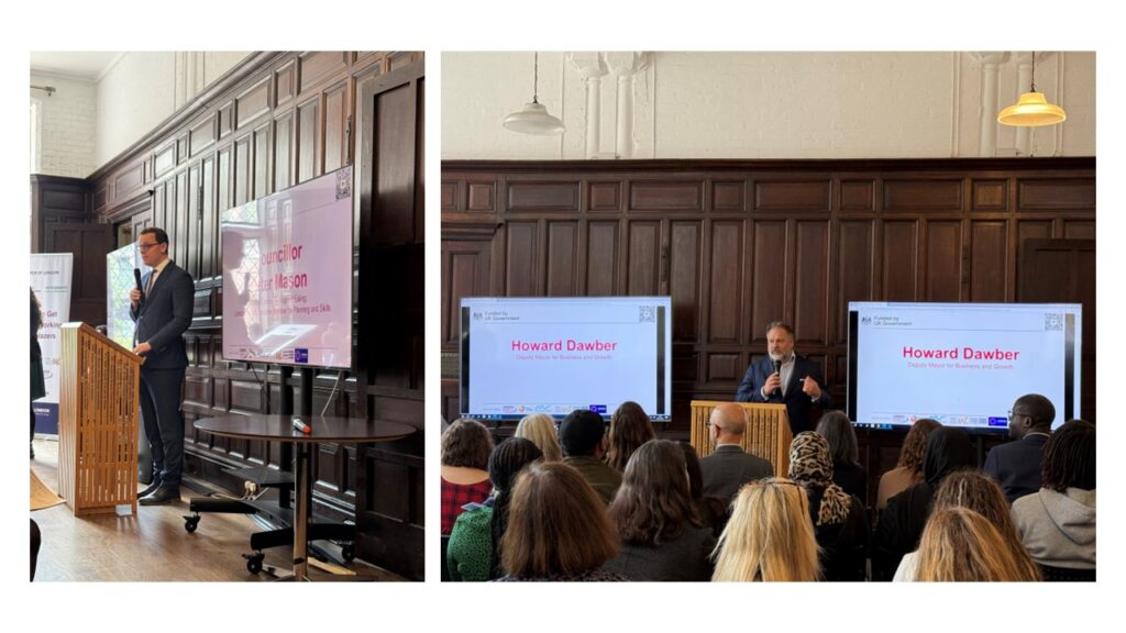 Photos of Howard Dawber and Paul Mason speaking at the launch event
