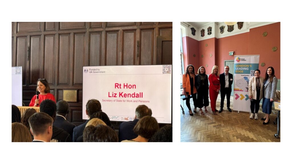 Photos of Rt Hon Liz Kendall speking at the event, and our team standing near our banner at the event.